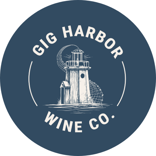blue circle logo for gig harbor wine co with lighthouse